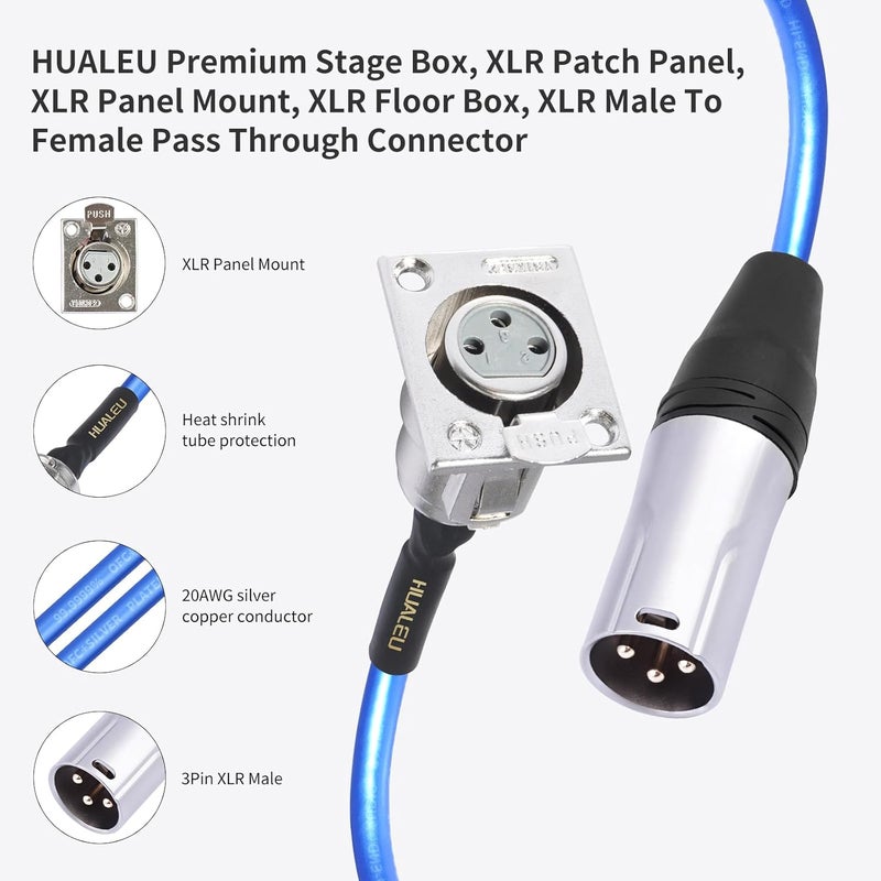 HUALEU كابل تمرير XLR بطول 2 قدم، 20AWG موصل نحاسي مطلي بالفضة بدون لحام، لصندوق المسرح، لوحة التوصيل، صندوق الأرضية - بدون لحام لتركيبات الصوت الاحترافية - نوع D XLR أنثوي إلى ذكري - عبوة من 2 - Image 2